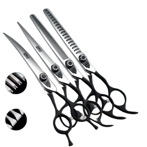 Професійний набір ножиць V.D. Family 7.5 дюймів  для грумінгу тварин з чорними кільцями та преміальним регулятором натягу з кристалічним оздобленням