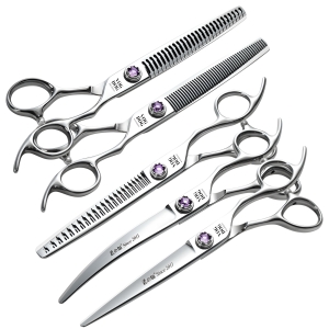 Професійний набір ножиць V.D. Family 7.0″ (5 шт) з кристалічним регулятором натягу для грумінгу собак